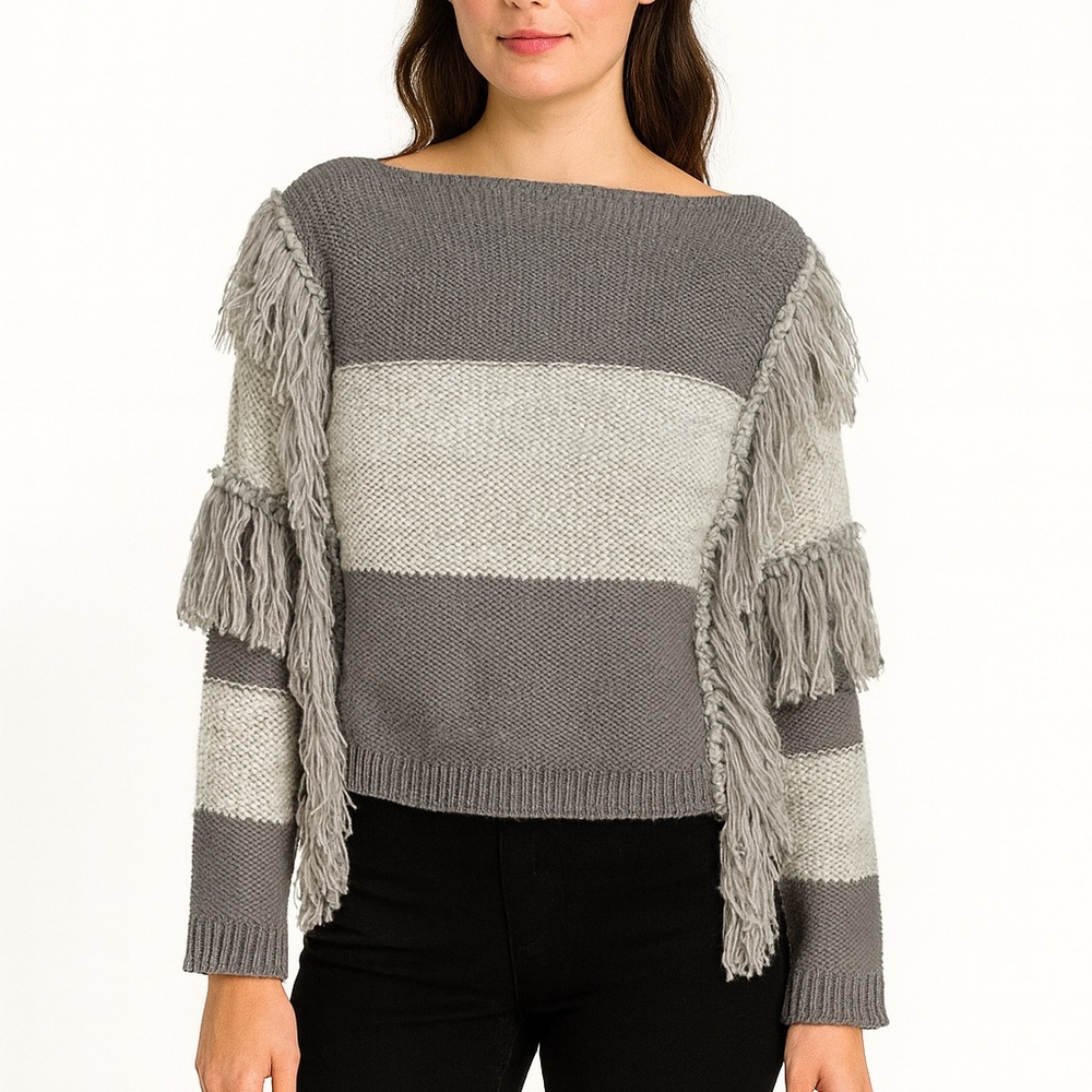 Patchwork Long Fringe Gray Sweater